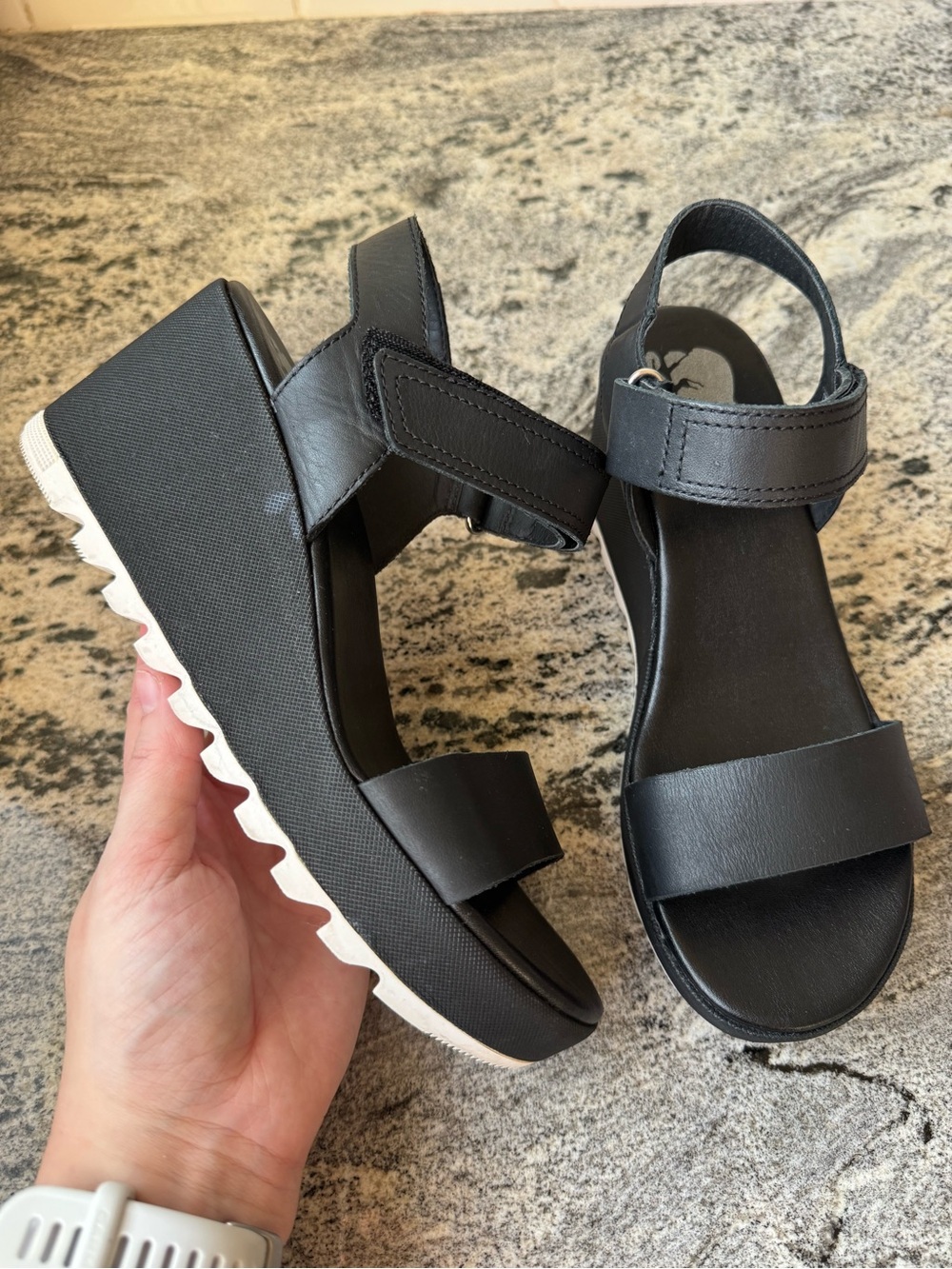 Sorel Black Platform Wedge Sandals with White Outsole